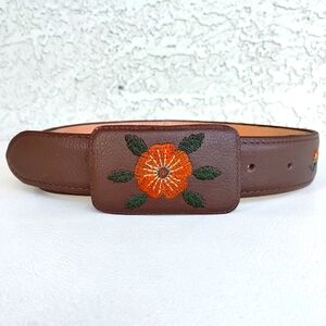 Brown Leather Belt with Floral Embroidery
